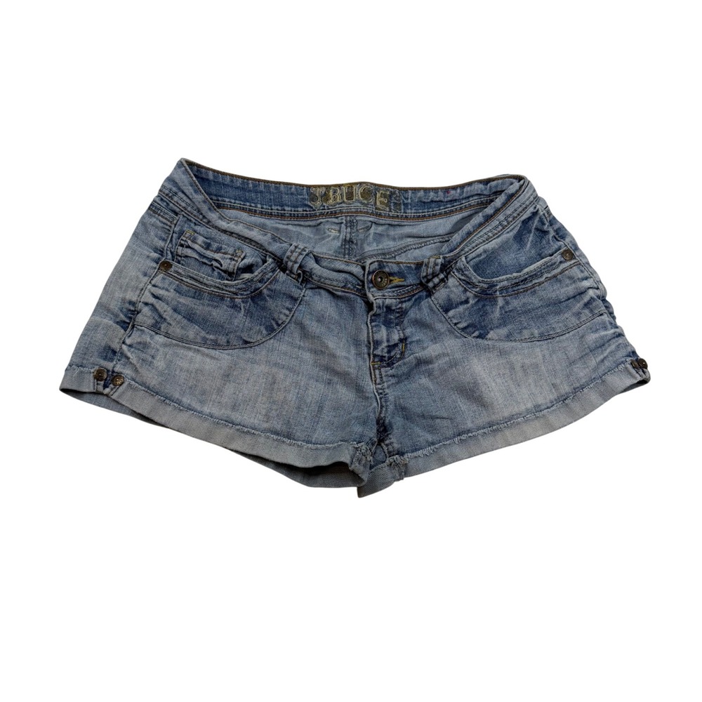 Truce Womens Low Rise Denim Mini Shorts Light Wash Cuffed Size 13 4205